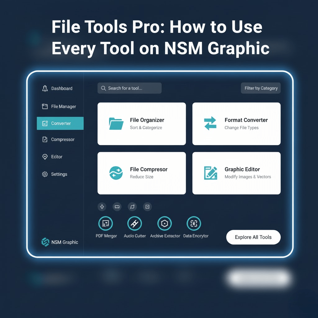 Dashboard view of File Tools Pro on NSM Graphic showing rename, compress and watermark tools.