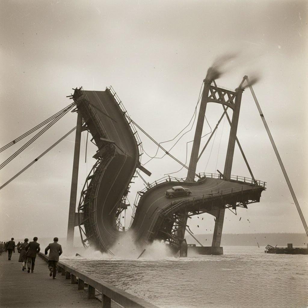 Black and white historical photo showing Tacoma Narrows Bridge deck undulating and twisting in high winds during its dramatic 1940 collapse, known as Galloping Gertie.