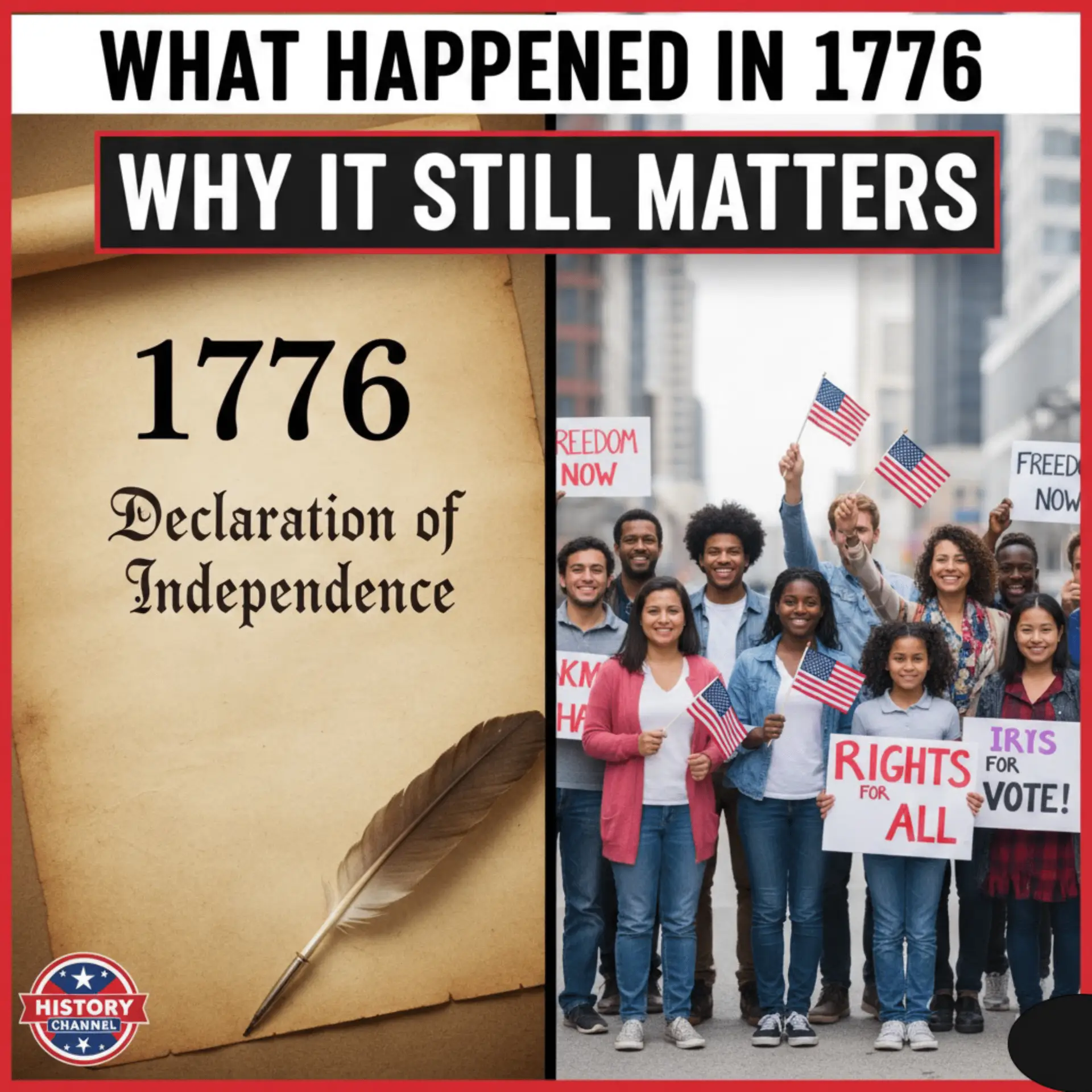 Stylized American flag overlayed with 1776 Declaration elements representing lasting legacy