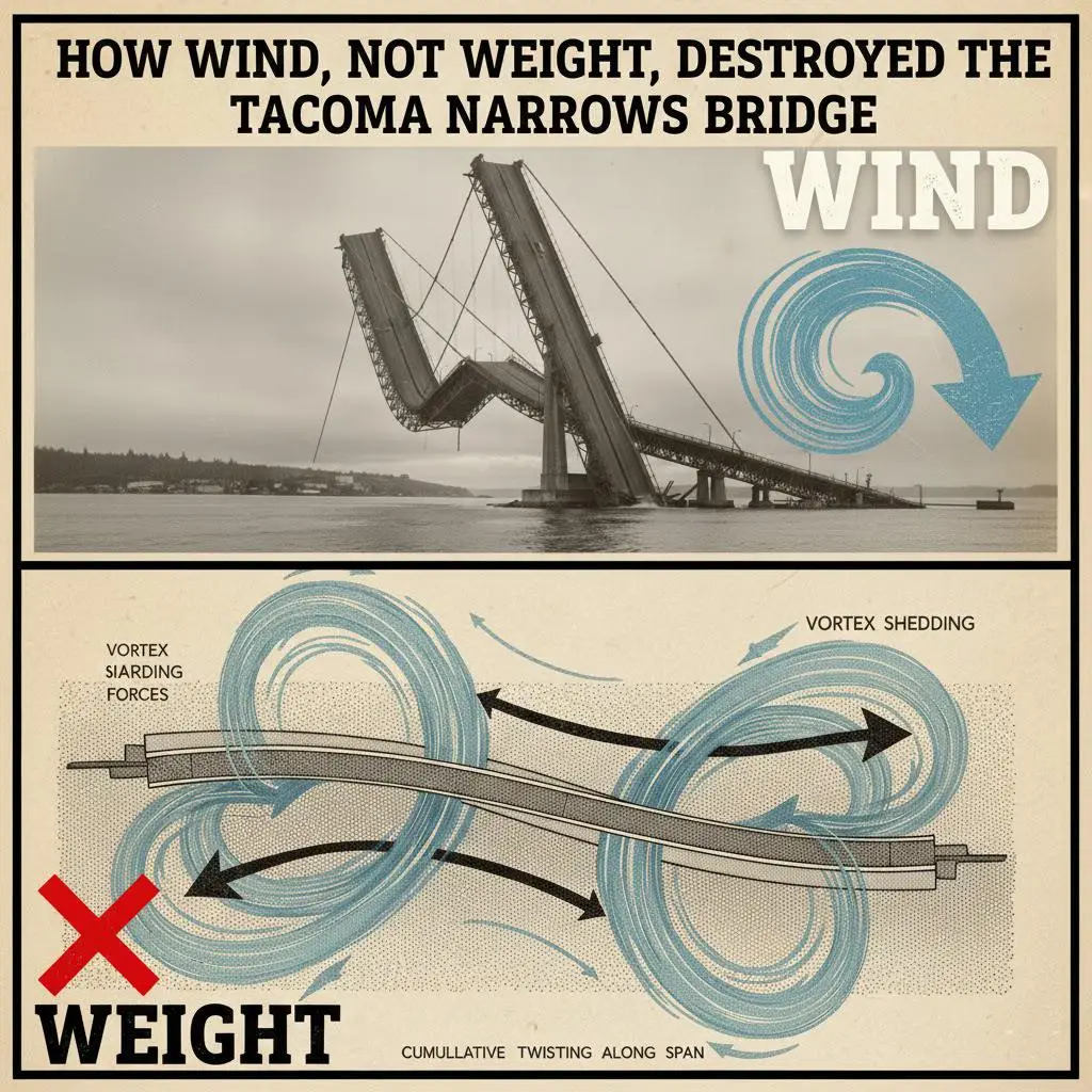Diagram of wind-induced aeroelastic flutter causing Tacoma Narrows Bridge failure