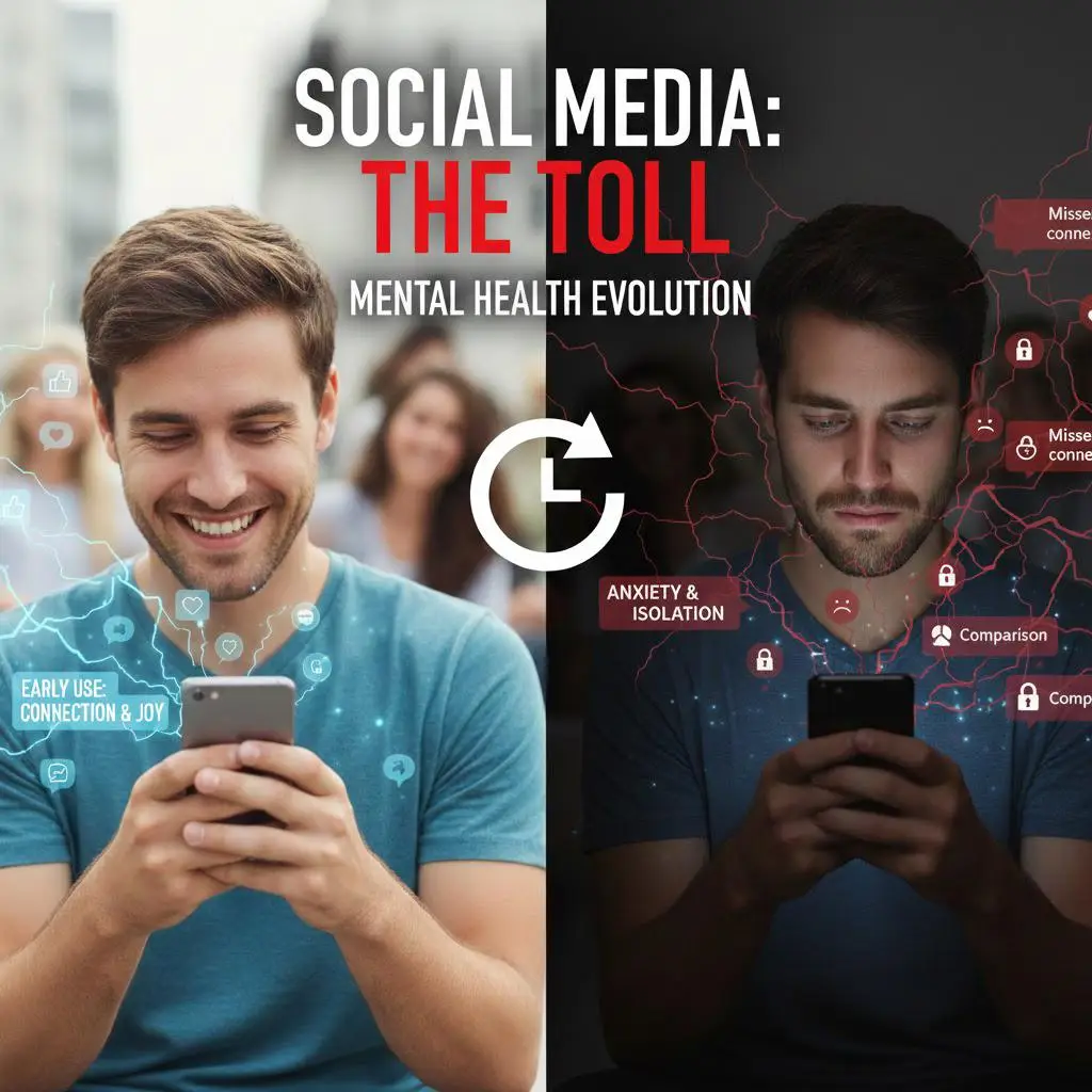 Graphic showing AI social media algorithms fueling addiction and mental health effects over time