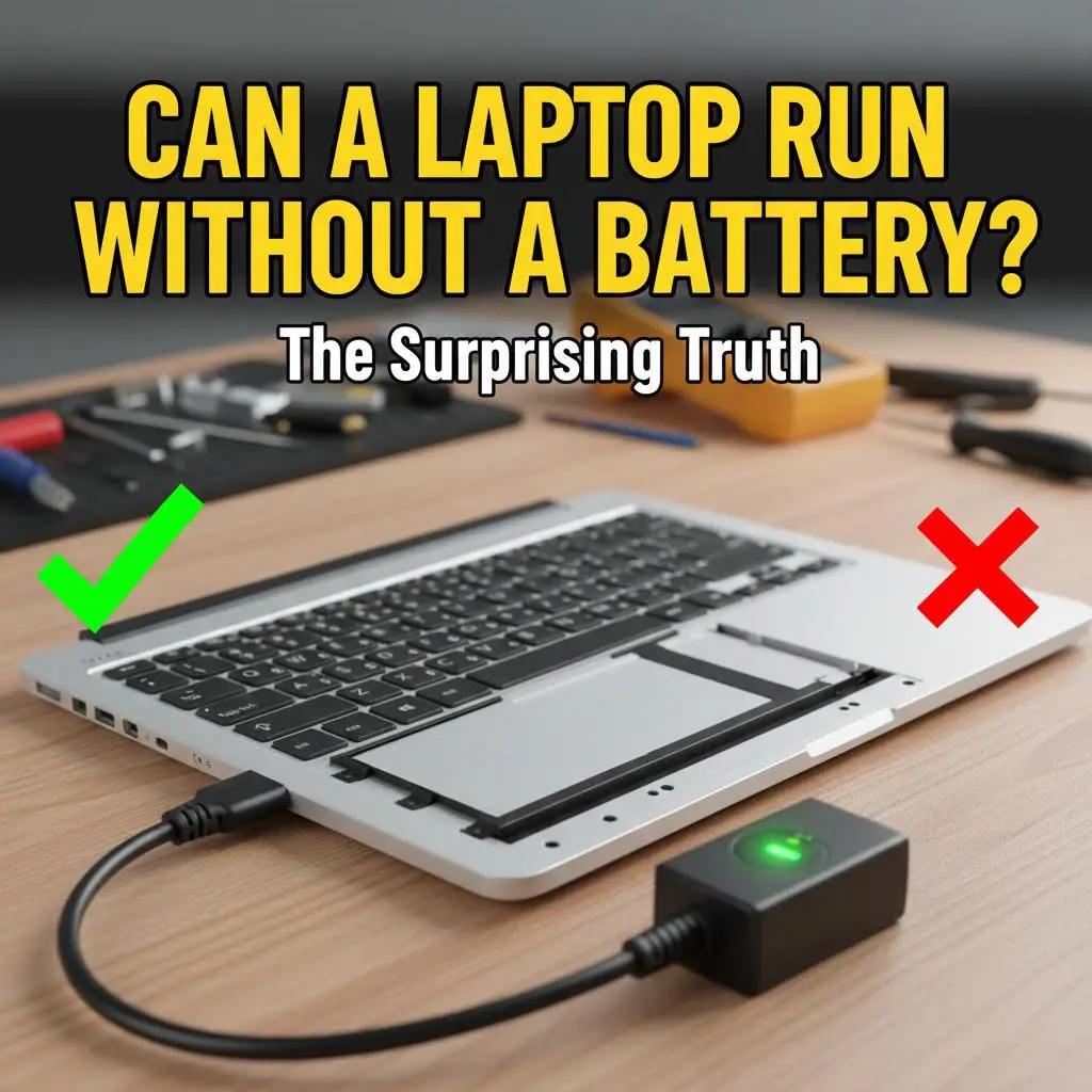 Laptop powered solely by AC adapter with battery compartment open and empty, demonstrating stable operation on desk power.