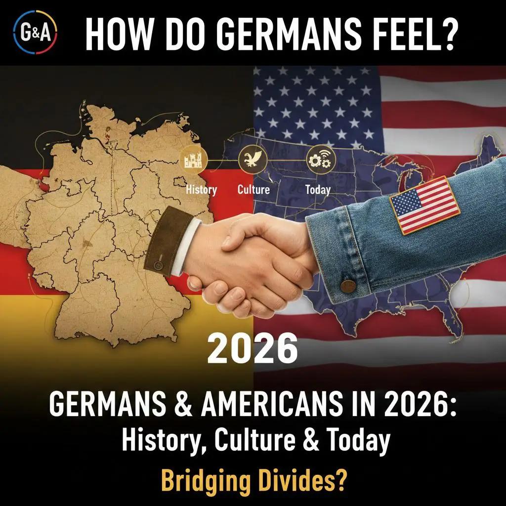 Germans and Americans uniting: flags and handshake representing positive views from history to 2026.