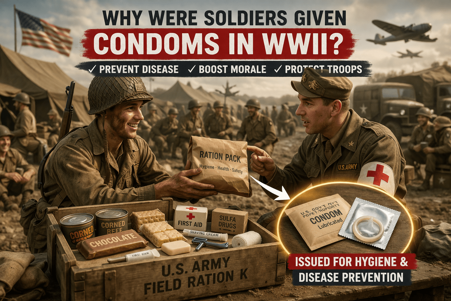 WWII soldiers receiving ration packs with condoms included for hygiene and disease prevention in a military camp scene