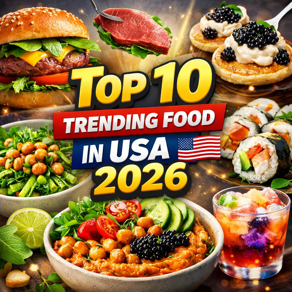 Colorful collage thumbnail showing top 10 trending foods in the United States for 2026 including burgers, sushi, caviar blinis, hummus bowls, and fusion drinks.