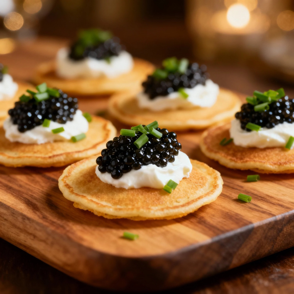 Luxe lab-grown caviar blinis topped with crème fraîche and herbs, a futuristic luxury food trend in the USA for 2026.Elegant caviar blinis featuring lab-grown caviar pearls, highlighting the future of sustainable luxury dining in the United States. 🍽️✨