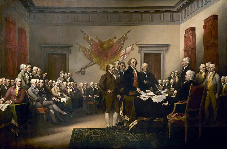 Founding Fathers presenting the Declaration of Independence in 1776.