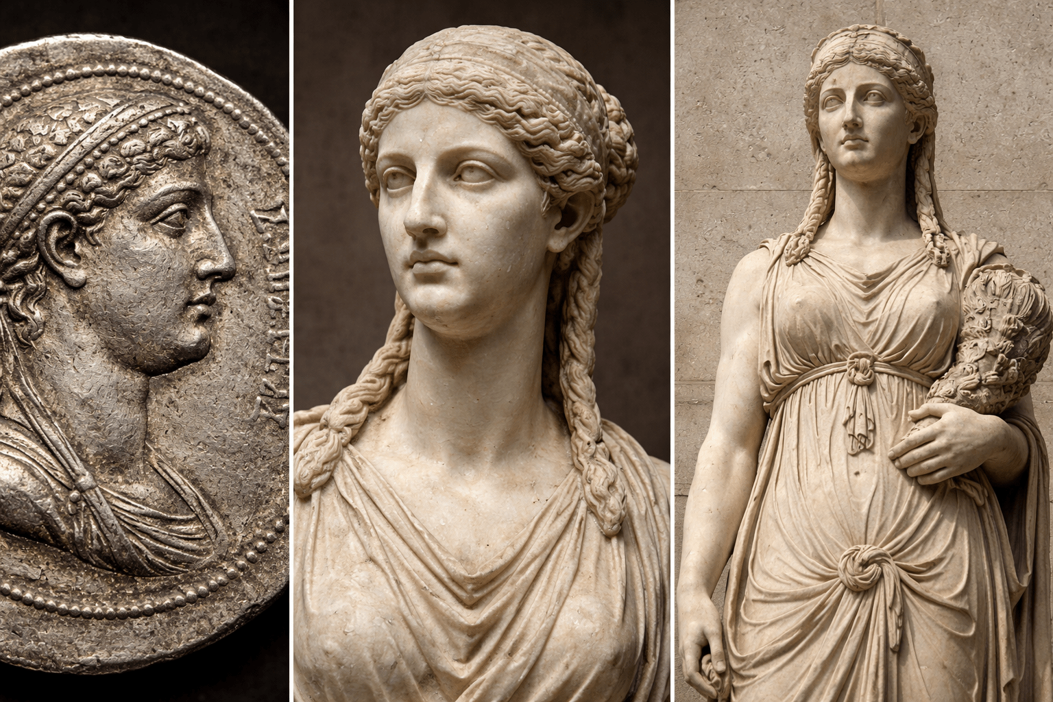 Landscape collage of Cleopatra VII featuring an ancient coin portrait and marble statues showing her realistic historical appearance.