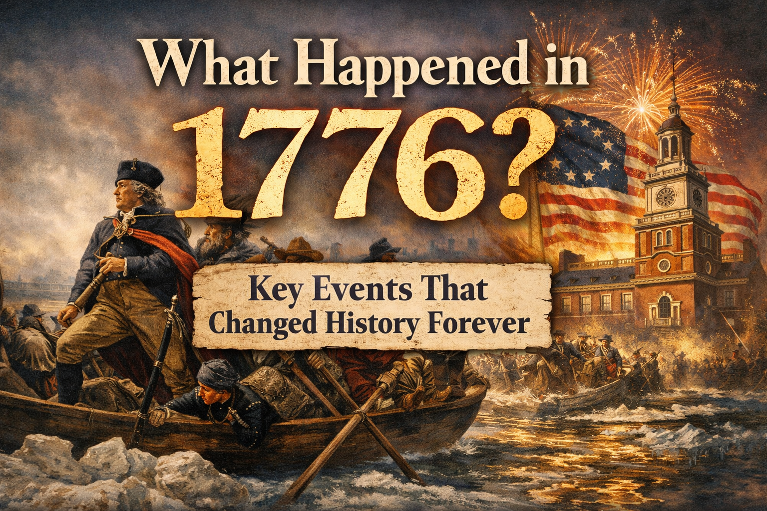 George Washington leading troops during the American Revolution with 1776 text.