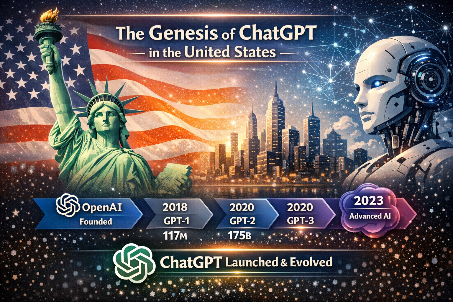 Infographic thumbnail showing the origin and evolution of ChatGPT in the United States with a timeline of GPT models and AI imagery.