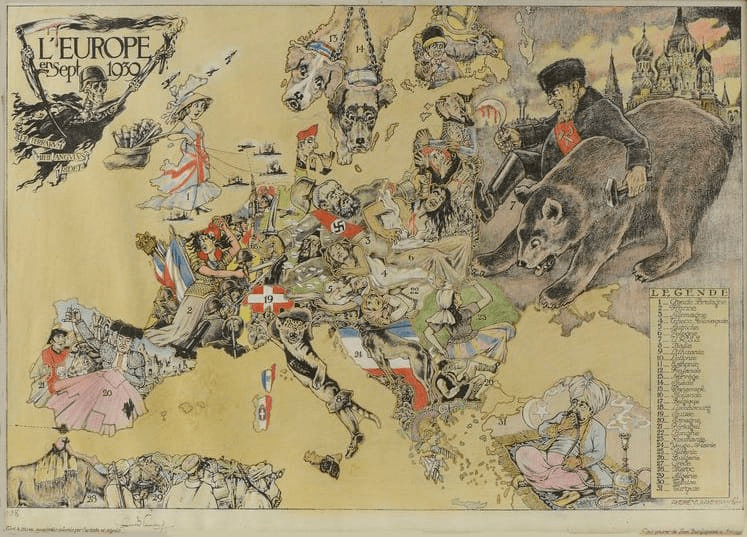 Cartoon world map of the 1930s with Europe under angry clouds, illustrating events leading to World War II for kids.
