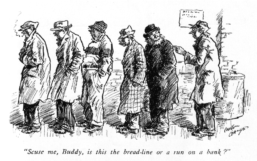 Black‑and‑white cartoon of people in a bread line during the Great Depression, showing economic hardship before WWII.
