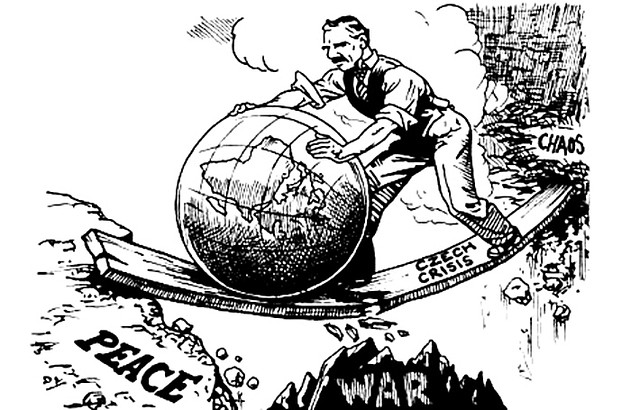 Cartoon of Neville Chamberlain holding paper saying peace in our time, representing Munich Agreement before WWII.