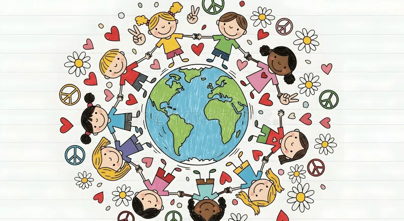 Cartoon of diverse kids sitting in a circle with peace symbols learning about history and peace.