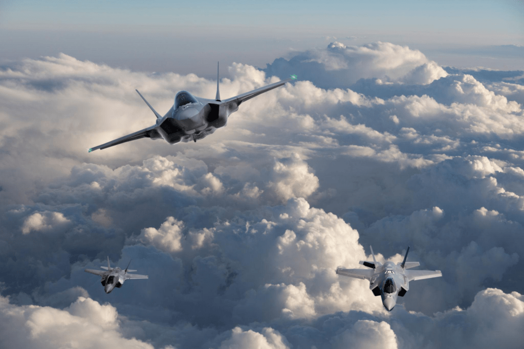 F-35 stealth fighter jet flying in the sky, representing advanced U.S. military air power and global dominance.