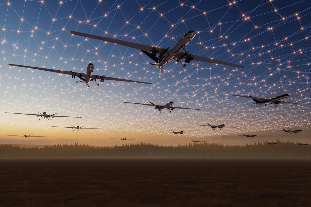 Futuristic AI drone swarm flying in formation during a military exercise, representing next-generation warfare and advanced defense technology.