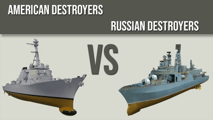 Comparison infographic Russian Udaloy destroyer vs US Arleigh Burke class armament and displacement