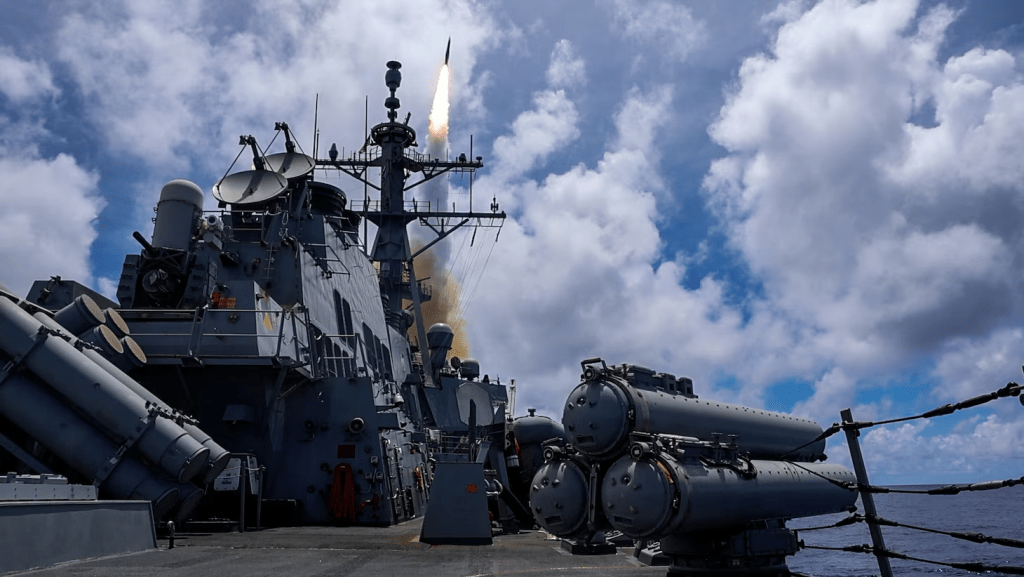 Fleet of US Arleigh Burke destroyers during joint naval exercises emphasizing global projection