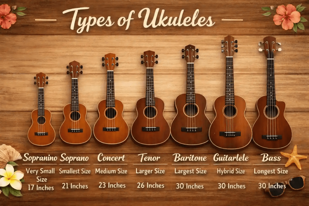 Comparison of soprano, concert, tenor, and baritone ukuleles
